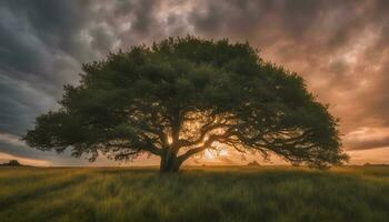 ai generado un árbol soportes en un campo con un dramático puesta de sol foto