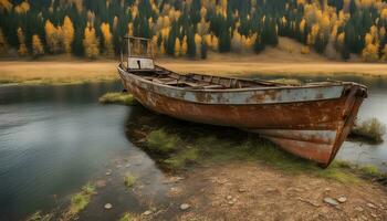 AI generated an old boat sits on the shore of a lake photo