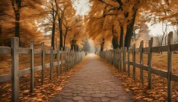 ai generado un camino con un cerca y arboles en el otoño foto