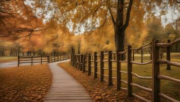 AI generated a wooden fence and path in the fall photo