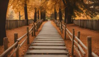 AI generated a wooden pathway in the middle of a forest photo