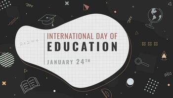 Vector International Day of Education poster with geometric elements and learning symbols on a black background. Happy International Education day celebration, January 24. Template in Memphis style