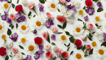 ai generado un blanco antecedentes con muchos diferente de colores flores foto