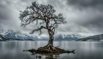 ai generado un árbol soportes solo en un pequeño isla en el medio de un lago foto