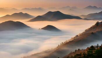 ai generado un ver de montañas cubierto en niebla a amanecer foto