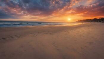 ai generado un hermosa puesta de sol terminado el Oceano y arena foto