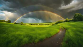 AI generated a rainbow is seen over a field with a path photo