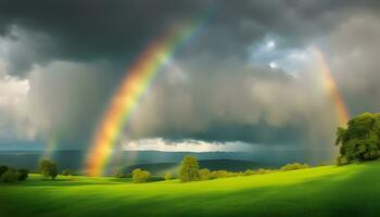 ai generado arco iris terminado verde campo con arboles y arboles foto