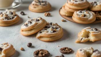 AI generated chocolate chip cookies with nuts and milk photo