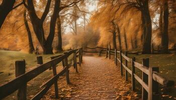 AI generated a path in the woods with trees and leaves photo