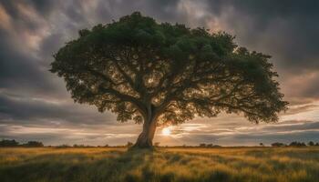 AI generated a lone tree stands in a field with the sun setting behind it photo