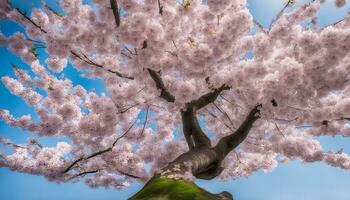 ai generado un árbol con rosado flores en contra un azul cielo foto