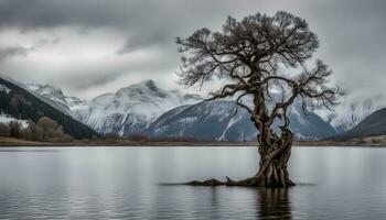 AI generated a lone tree stands in the middle of a lake photo