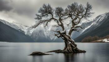 AI generated a lone tree stands in the middle of a lake photo