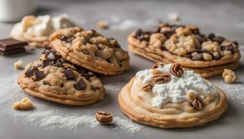 ai generado chocolate chip galletas con azotado crema y nueces foto