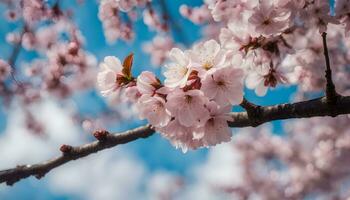 AI generated cherry blossoms on a branch with blue sky in the background photo