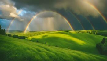 AI generated rainbow over the hills photo