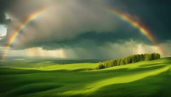 AI generated rainbow over the green hills photo