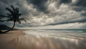 AI generated a lone palm tree stands on the beach under a stormy sky photo