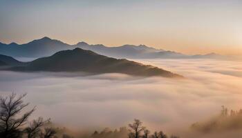 ai generado un ver de montañas y niebla en el Mañana foto