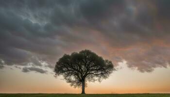 ai generado un solitario árbol soportes en un campo debajo un dramático cielo foto