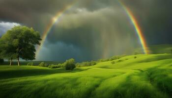 ai generado un arco iris es visto terminado un verde campo foto