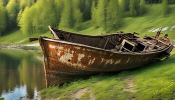 AI generated a rusted boat is sitting on the shore of a lake photo