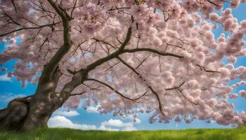 ai generado un árbol con rosado flores en el medio de un campo foto