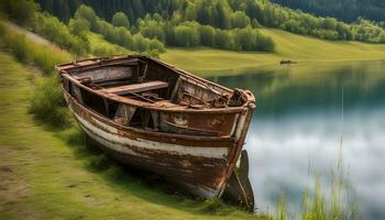 AI generated a boat is sitting on the shore of a lake photo