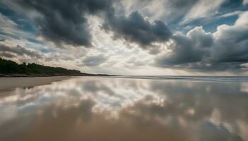 AI generated a beach with clouds reflecting in the water photo