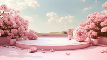 AI generated Empty pink round podium on red gradient roses garden and summer evening sky background for cosmetic product presentation, valentine's day concept photo