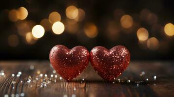 AI generated Two red hearts On Glitter Background with round bokeh and copy space, Valentine's Day Concept, template with heart symbols, a mockup scene for Valentine's Day photo