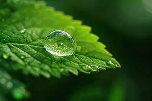 AI generated Water drop on a leaf, selective focus, nature background photo