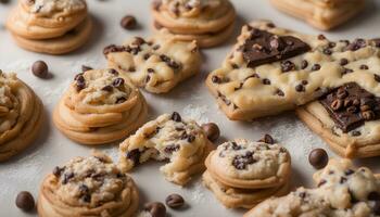 ai generado chocolate chip galletas con chocolate papas fritas en un blanco antecedentes foto