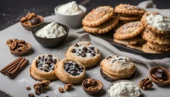 AI generated chocolate chip cookies with cream and nuts on a plate photo