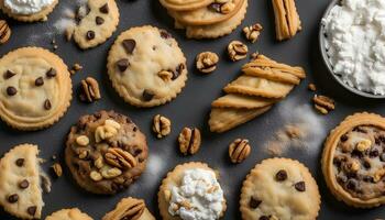 ai generado chocolate chip galletas con azotado crema y nueces pecanas foto