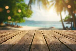 AI generated Empty Wooden table top with blurred tropical beach landscape and summer sky for display or montage your products presentation. photo