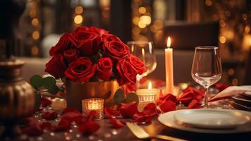 ai generado un rojo rosas ramo de flores en el mesa de lujoso restaurante, San Valentín día cena concepto, celebracion de amor foto