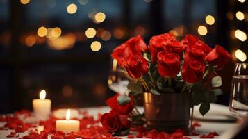 ai generado un rojo rosas ramo de flores en el mesa de lujoso restaurante, San Valentín día cena concepto, celebracion de amor foto