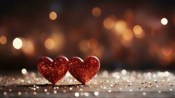 AI generated Two red hearts On Glitter Background with round bokeh and copy space, Valentine's Day Concept, template with heart symbols, a mockup scene for Valentine's Day photo