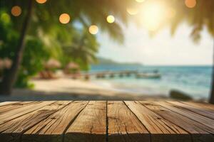 AI generated Empty Wooden table top with blurred tropical beach landscape and summer sky for display or montage your products presentation. photo