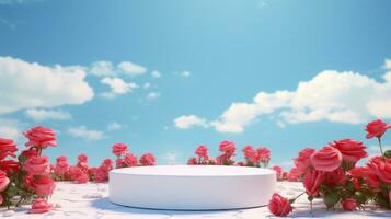 AI generated Empty white round podium on red gradient roses garden and summer blue sky background for cosmetic product presentation, valentine's day concept photo