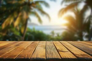 AI generated Empty Wooden table top with blurred tropical beach landscape and summer sky for display or montage your products presentation. photo