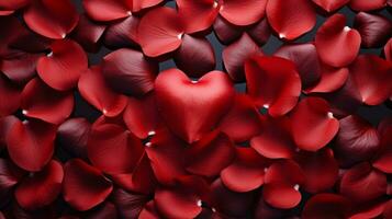 AI generated Abstract red rose petals in heart shape background, Valentine's wallpaper concept, top view photo