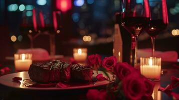 AI generated A steak dish on the table with glasses of red wine in luxury restuarant background, valentine's day dinner photo