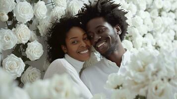 ai generado africano americano Pareja son feliz, riendo sonrisa en su rostro, blanco San Valentín tema, celebra amar, un habitación lleno de blanco rosas jardín foto