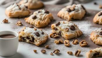 ai generado un taza de café y algunos galletas con chocolate papas fritas foto