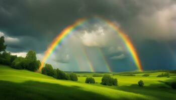 AI generated rainbow over green field with trees and sky photo