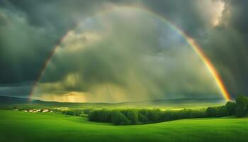 AI generated rainbow over the green field photo