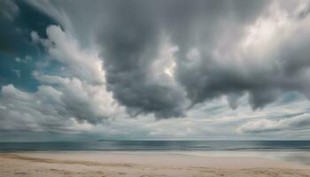 ai generado un playa debajo un nublado cielo con un grande tormenta foto